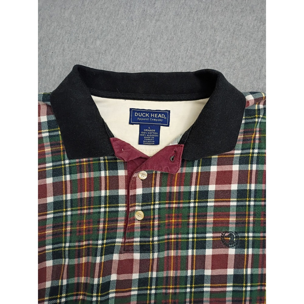 Duck Head Mens Long Sleeve Plaid Polo Shirt Green Red Large 100% Cotton